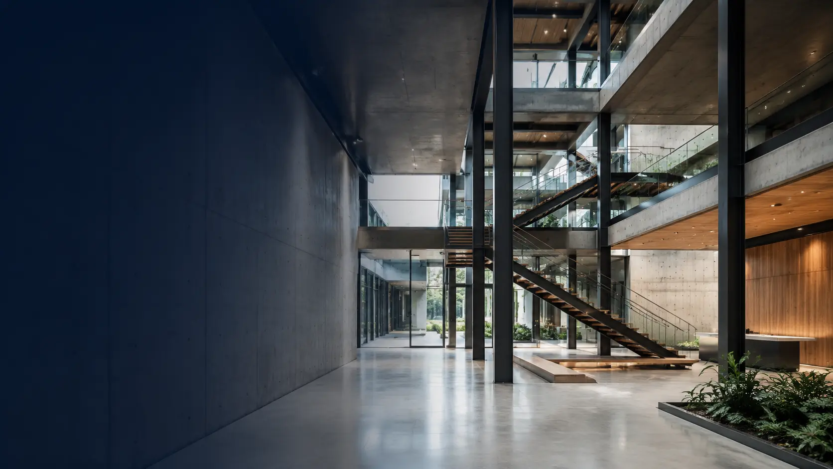 Edificação contemporânea com concreto aparente, estrutura metálica, vidro e madeira