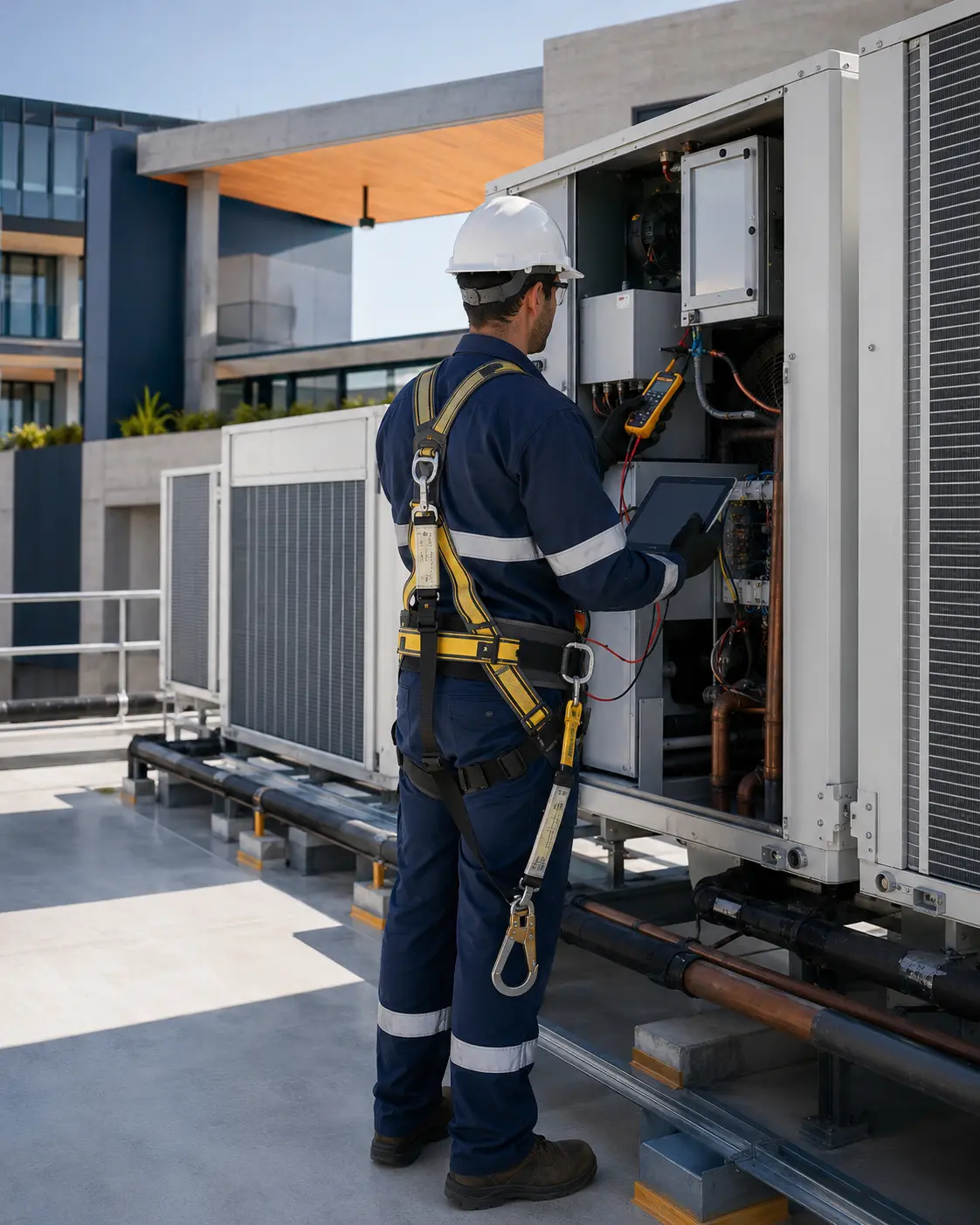 Profissional realizando manutenção técnica em sistema de climatização predial
